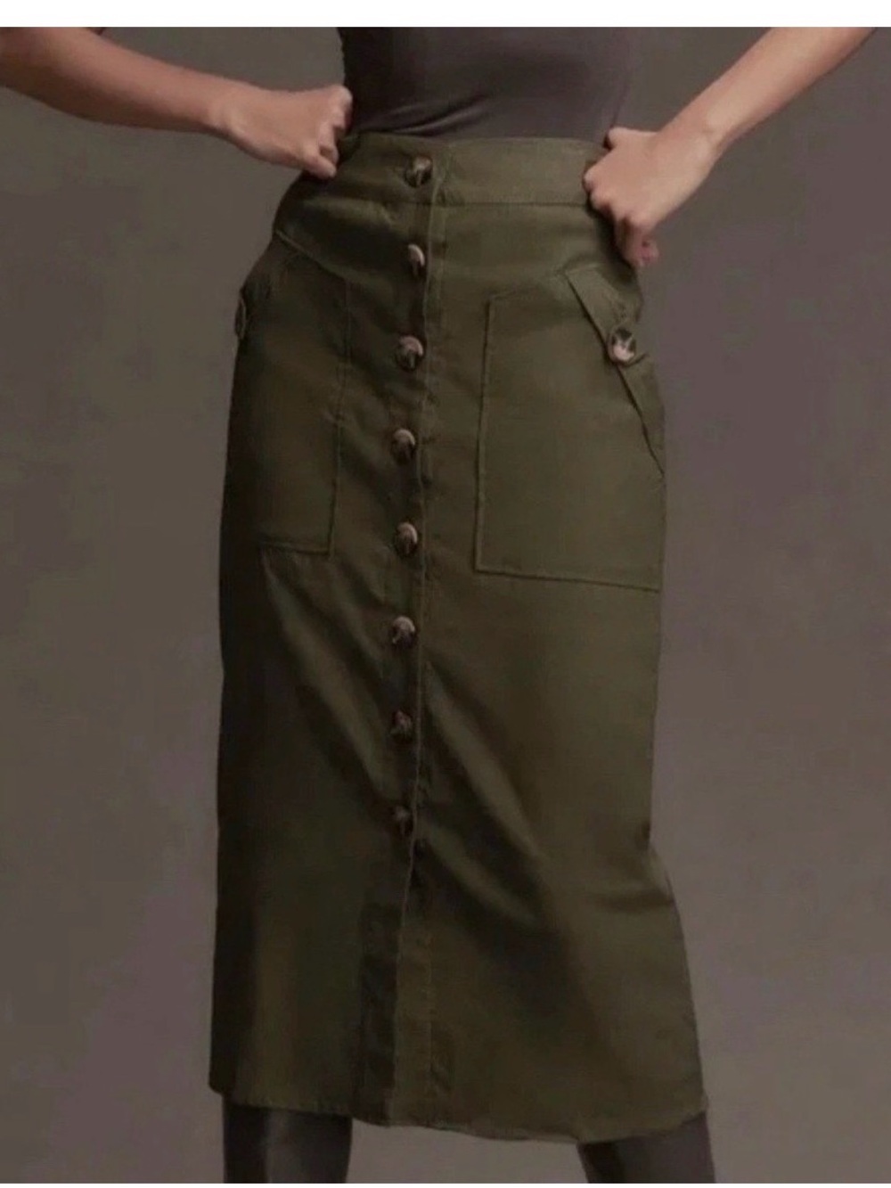Maeve Anthropologie Olive High-Rise Button-Front Midi Skirt